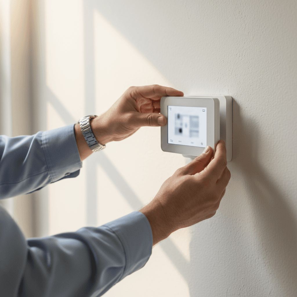 technician mounting smart thermostat on a wall