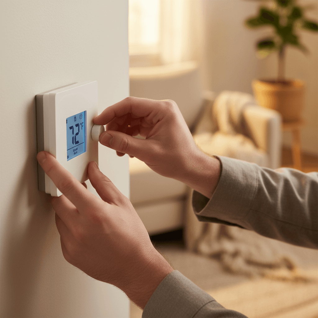 Technician adjusting a thermostat in a home