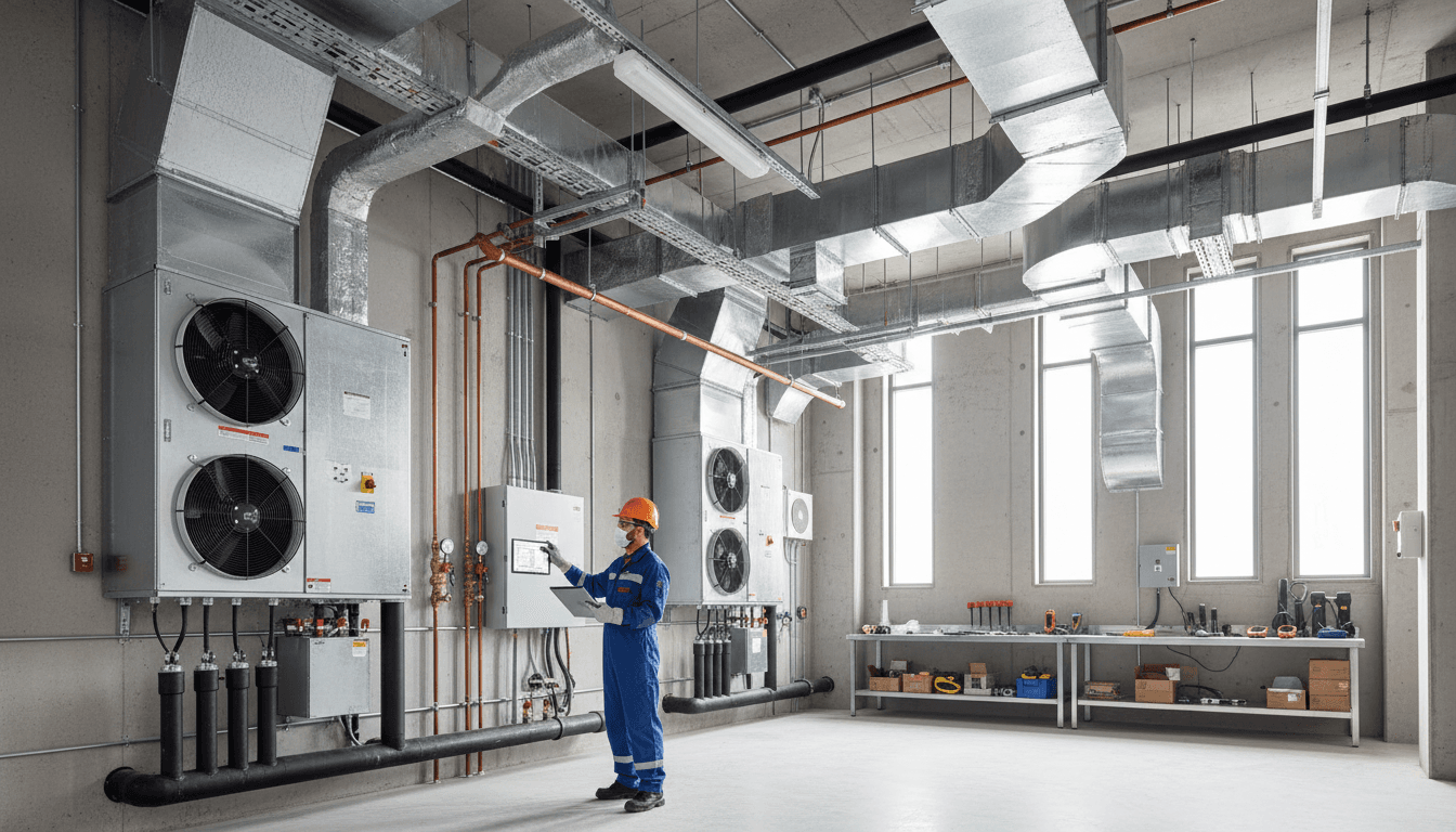 HVAC technician servicing commercial climate control equipment