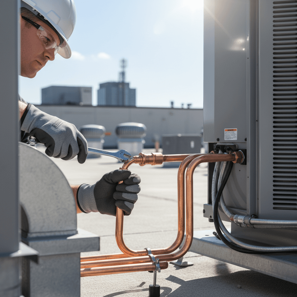 Commercial HVAC technician installing ductwork in industrial facility